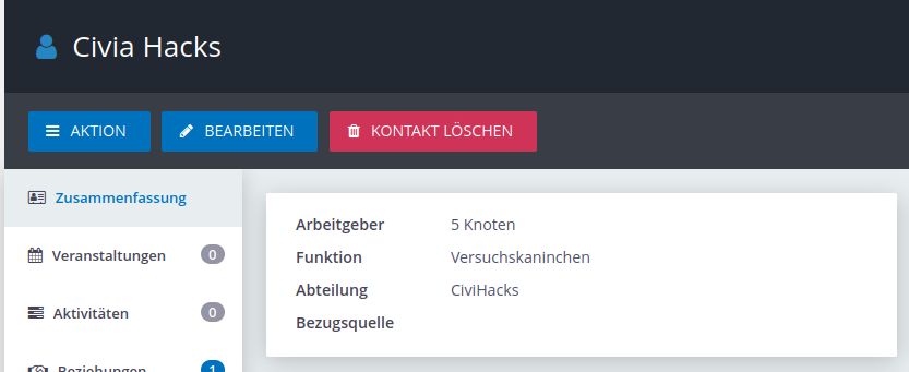 Screenshot CiviCRM Kontaktzusammenfassung mit Abteilung