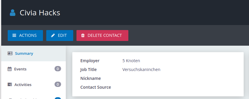 Screenshot CiviCRM Kontaktzusammenfassung englisch