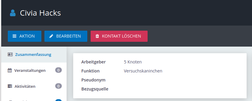 Screenshot CiviCRM Kontaktzusammenfassung
